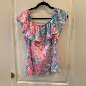 EUC!!—LILLY PULITZER La Fortuna Top, L, Color “Blue Peri,” Print “Viva La Lilly”